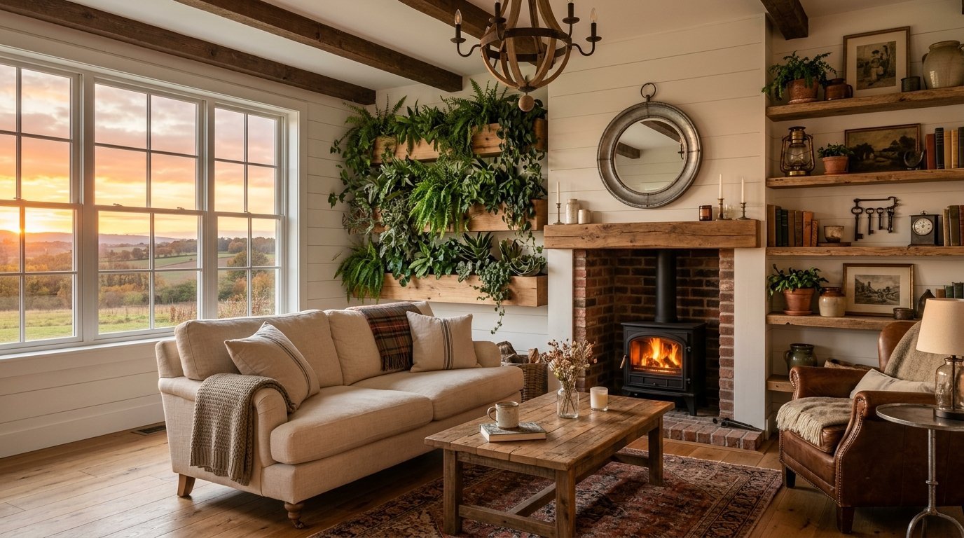 A rustic living room with a beige sofa, wood burning stove, and a vertical herb garden by a sunset window.
