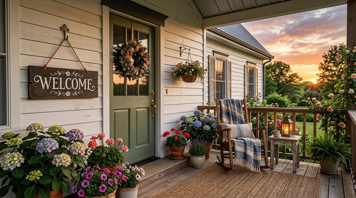 Wooden rocking chair on a farmhouse porch with blooming hydrangeas and a welcome sign at sunset.