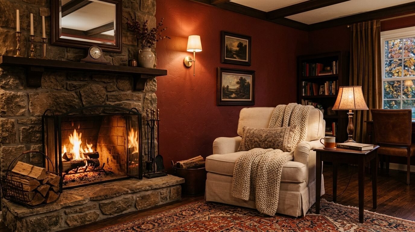 A beige upholstered chair with a textured throw blanket sits in a room with dark red walls and a lit fire.