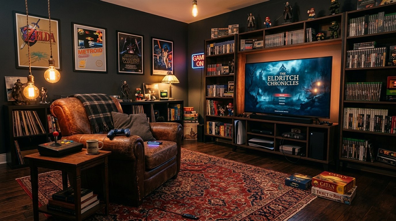 Dark-themed home media room with vintage posters, game consoles, and a large television screen.