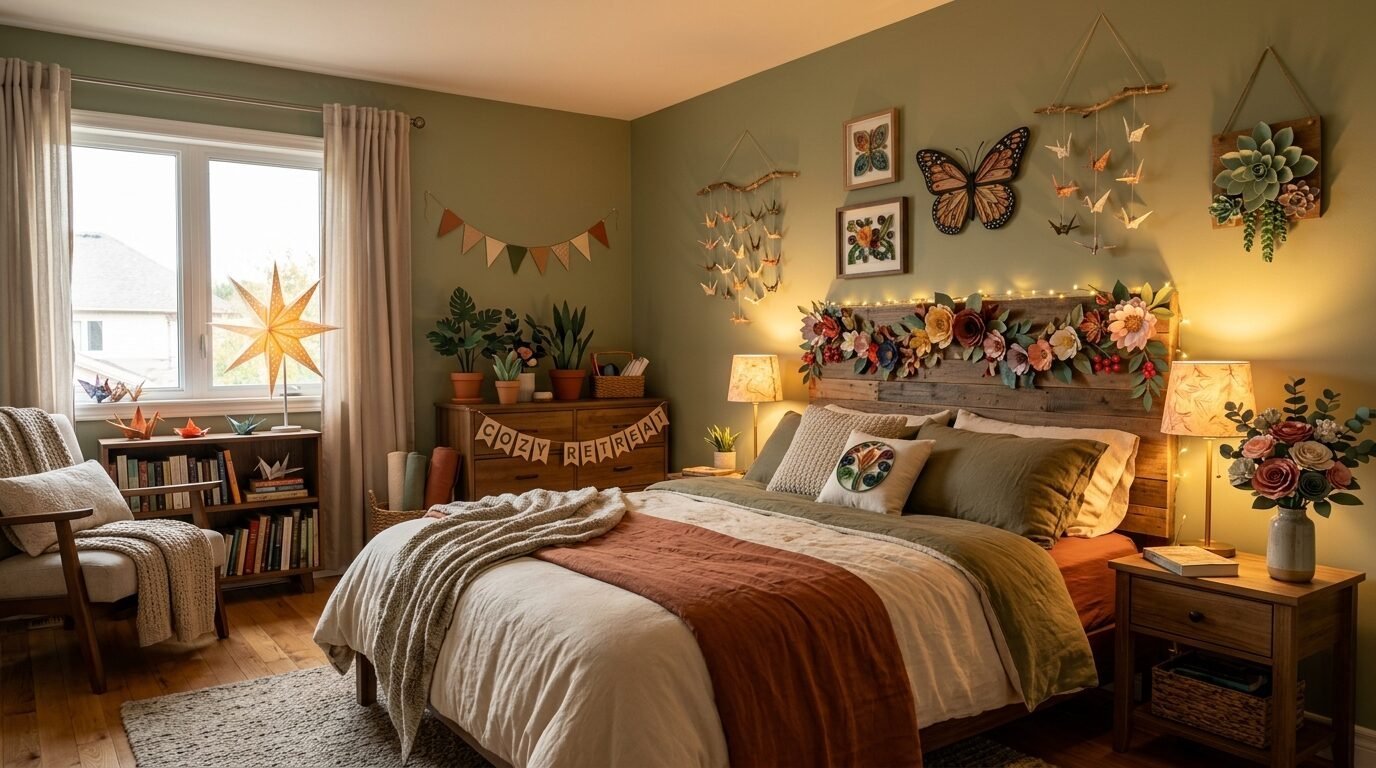 A warm bedroom with a rustic wood headboard adorned with paper flowers, butterfly wall art, and cozy green bedding.