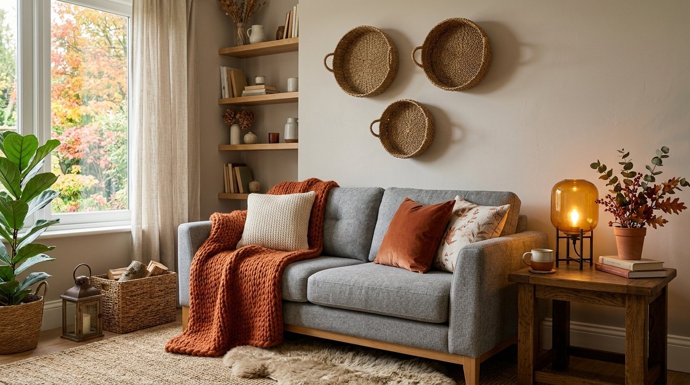 Modern living room featuring a grey couch, knit throw blanket, and wall-mounted woven baskets.