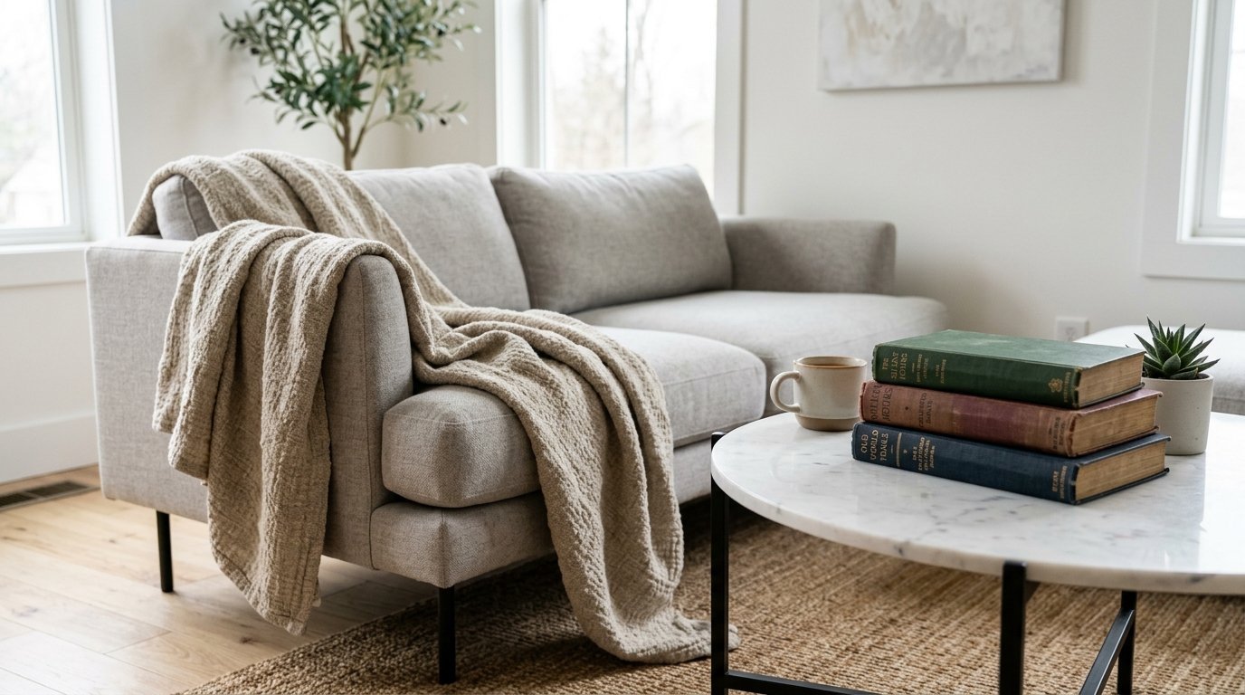 A soft light grey sofa with a draped throw blanket next to a marble coffee table stacked with vintage books.