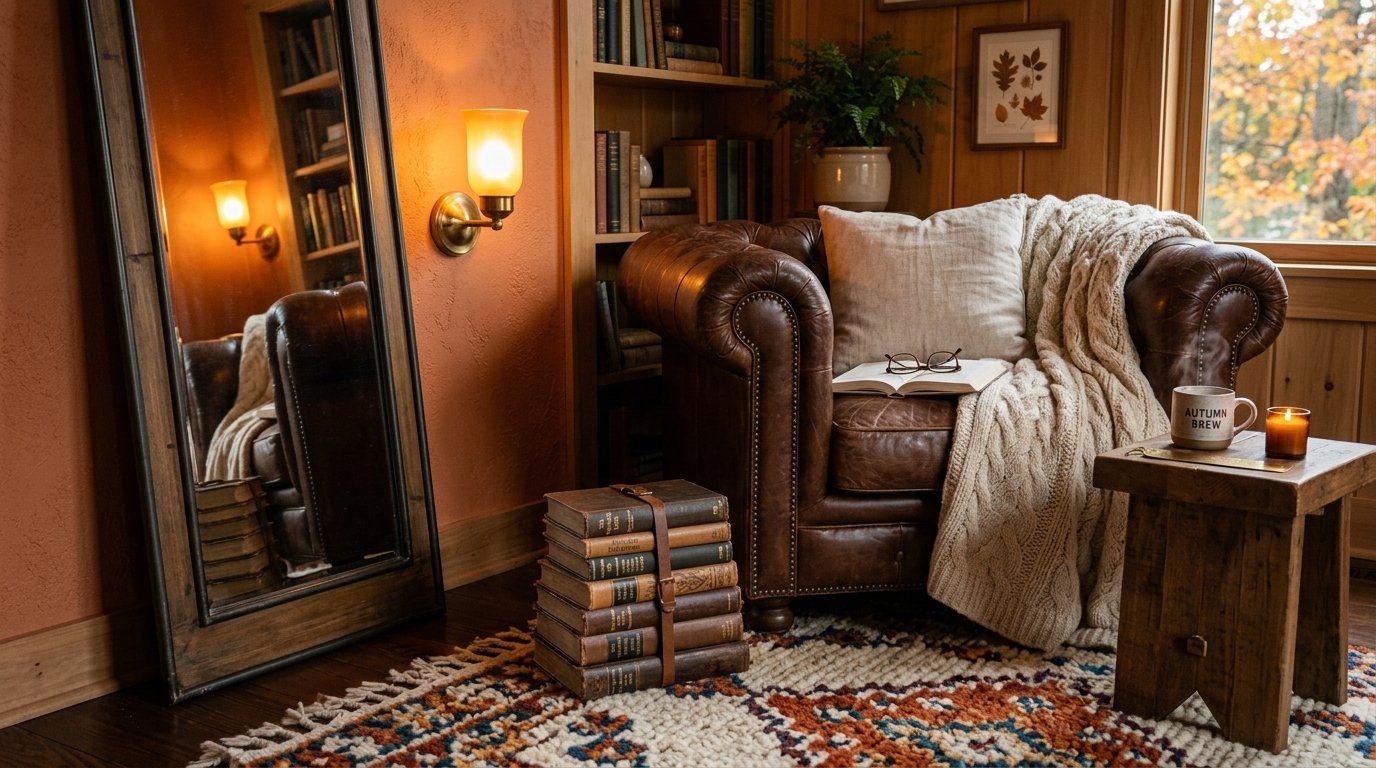 Vintage leather club chair with an open book, throw blanket, and stack of old books in a rustic, orange-toned study.
