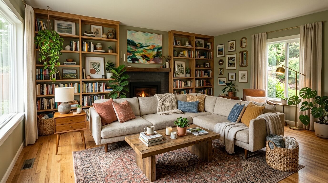 A comfortable L-shaped couch sits in a green-walled living room with wooden bookshelves and a brick fireplace.