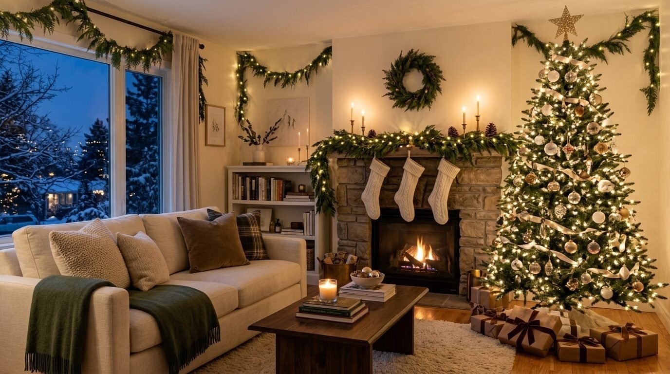 A festive living room featuring a lit fireplace, three stockings, and a large tree adorned with warm fairy lights.