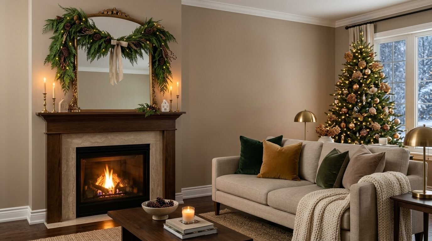 Festive living room with fireplace, greenery, and a decorated tree.