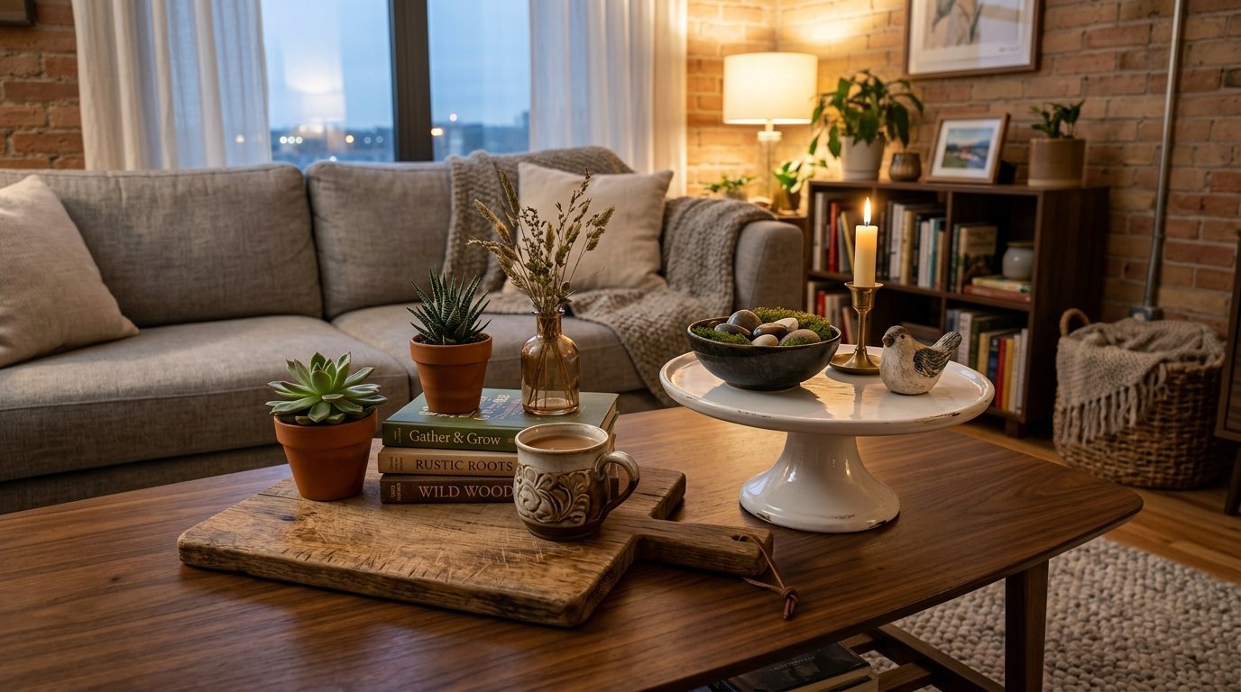 Close up of a wooden coffee table featuring succulent plants, books, a coffee mug, and a candle in a cozy living room.