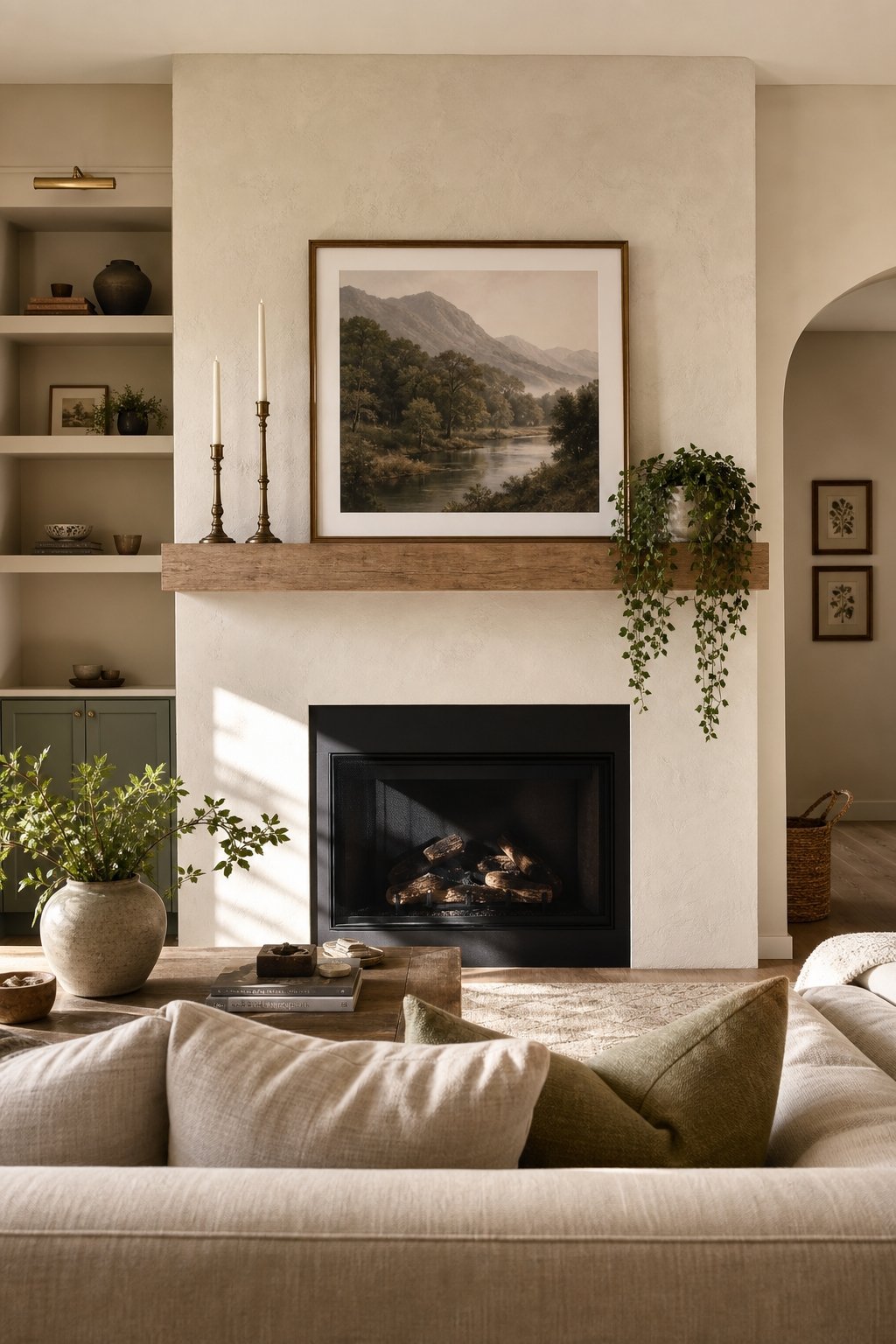 Modern fireplace with a landscape painting, brass candles, and a trailing plant on a wooden mantelpiece in a neutral room.