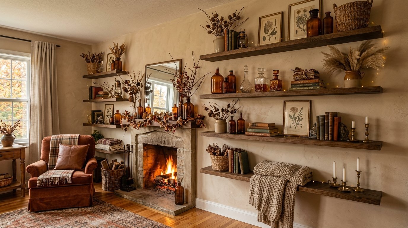 A cozy room with a burning stone fireplace, an armchair, and wooden shelves filled with books and vintage decor.