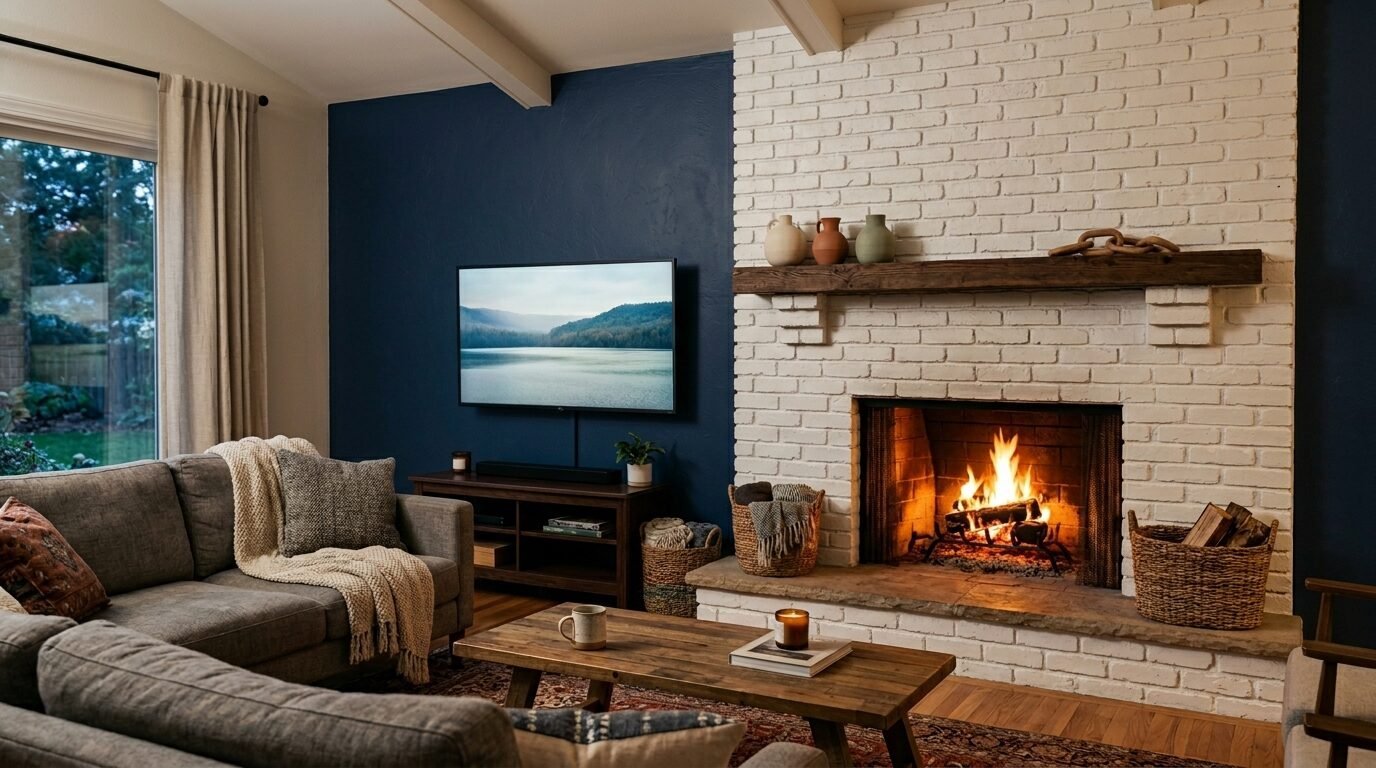 Modern interior with a cozy fire in a white brick hearth, wooden mantle, and a grey sofa in a dark blue room.