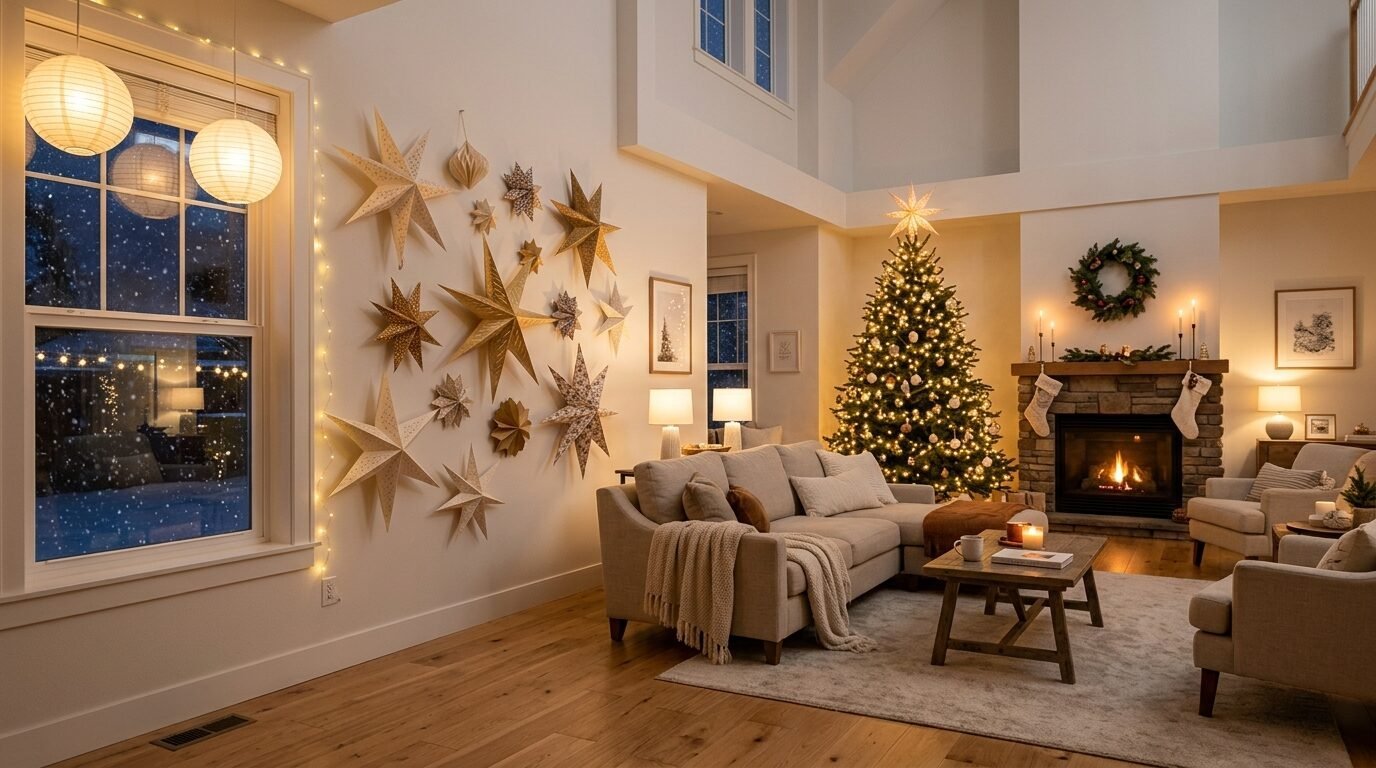 Modern living room featuring a lit Christmas tree, fireplace, and large paper star wall art.