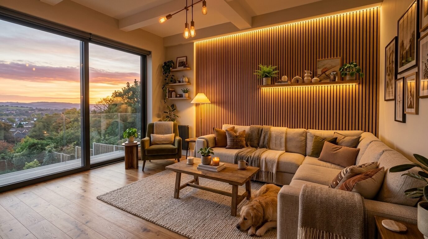 Modern living room with slatted wood wall, beige sectional sofa, and floor-to-ceiling windows looking out over a sunset.