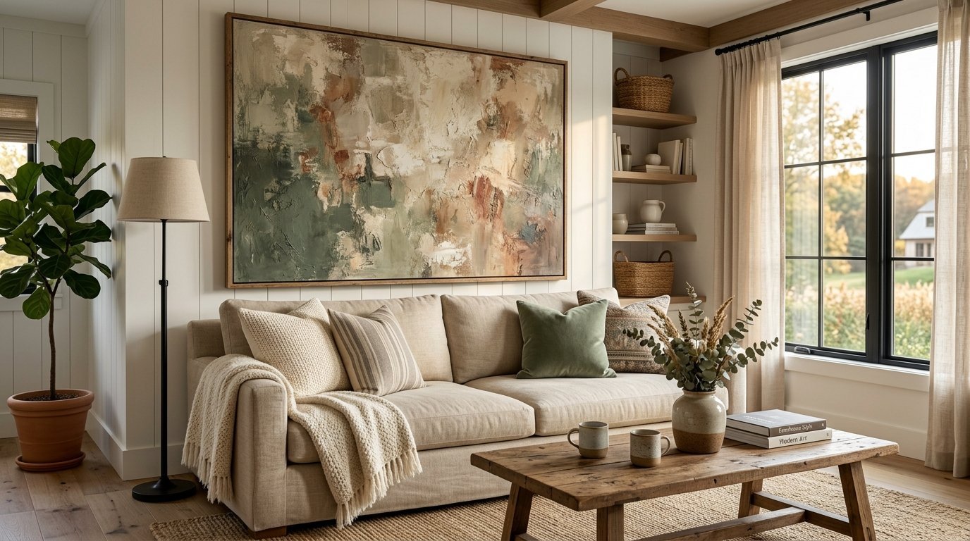 A beige couch with throw pillows sits in front of a large, earthy abstract painting in a bright living area.