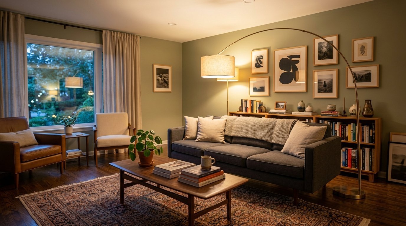 Modern living room with a dark grey sofa, leather accent chair, and books displayed on shelves under framed wall art.