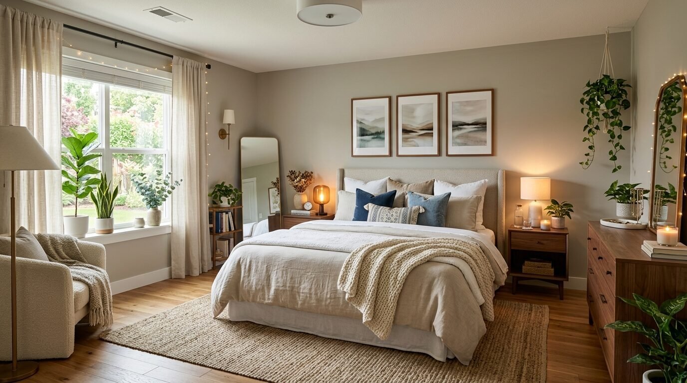 Modern bedroom with a beige upholstered bed, jute rug, landscape wall art, and indoor plants.