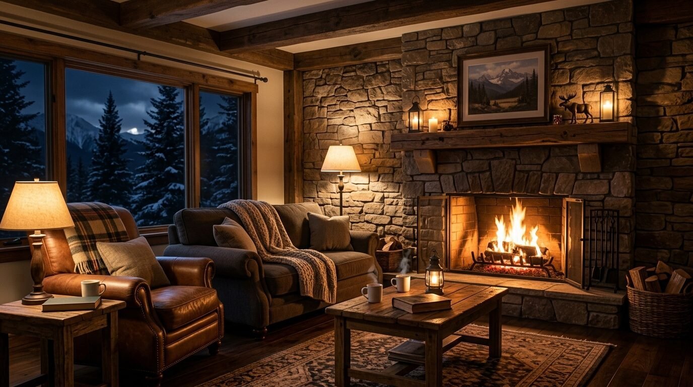 A rustic cabin interior featuring a lit stone fireplace, leather chair, sofa, and snowy forest view at night.