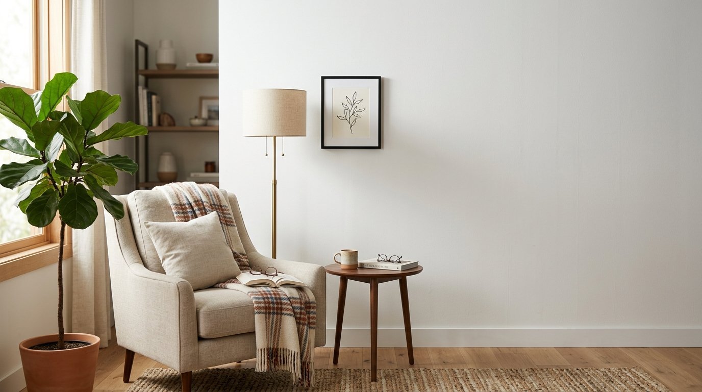 Beige armchair with plaid throw, bedside table, floor lamp, and wall art in a modern living room setting.