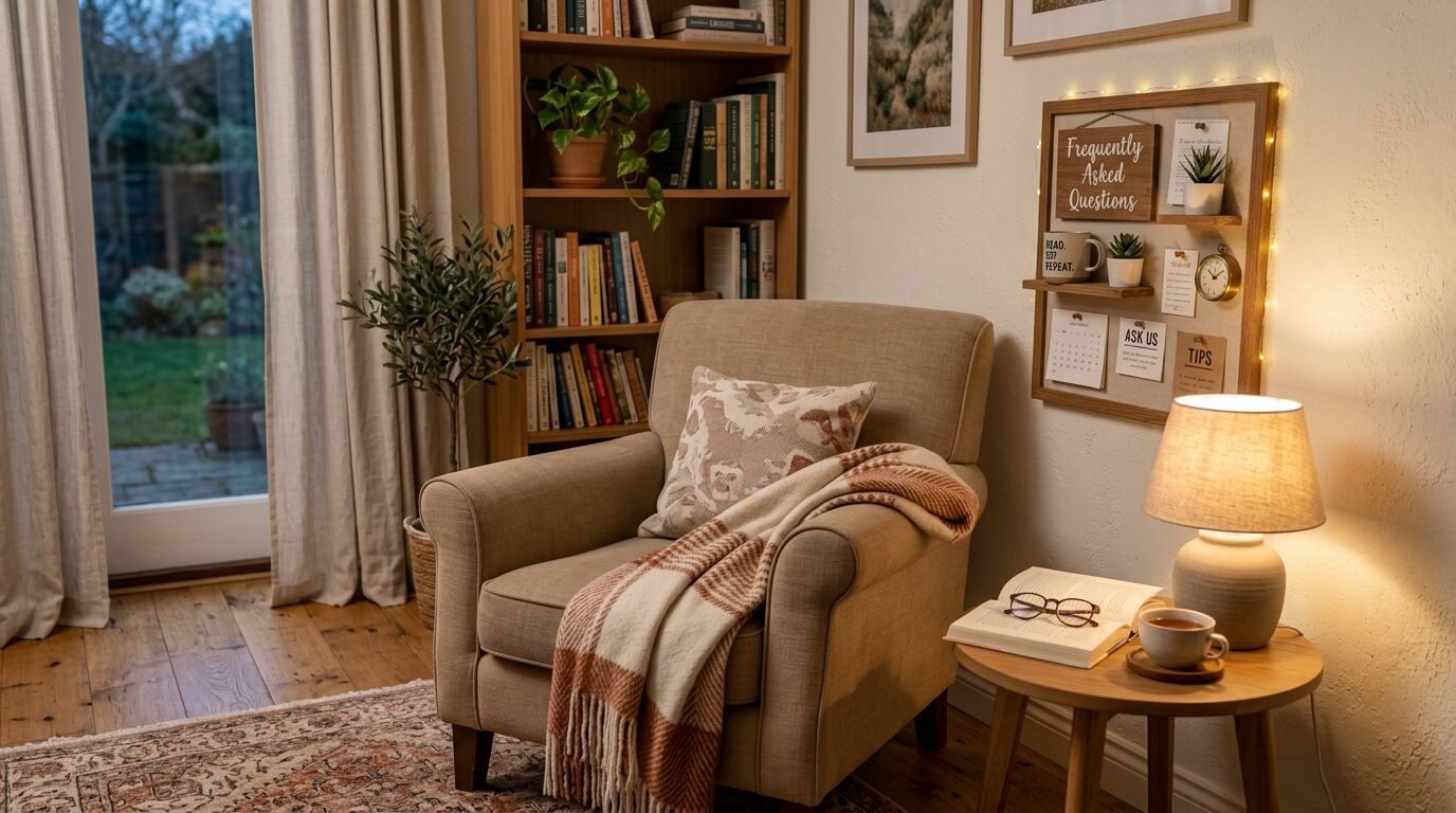 Tan armchair with a plaid throw blanket next to a wooden side table with a lamp, book, and cup of tea.