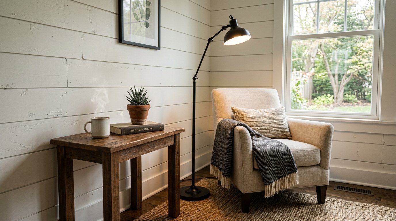 A beige armchair with a chevron throw blanket near a wooden table, succulent, and black floor lamp.
