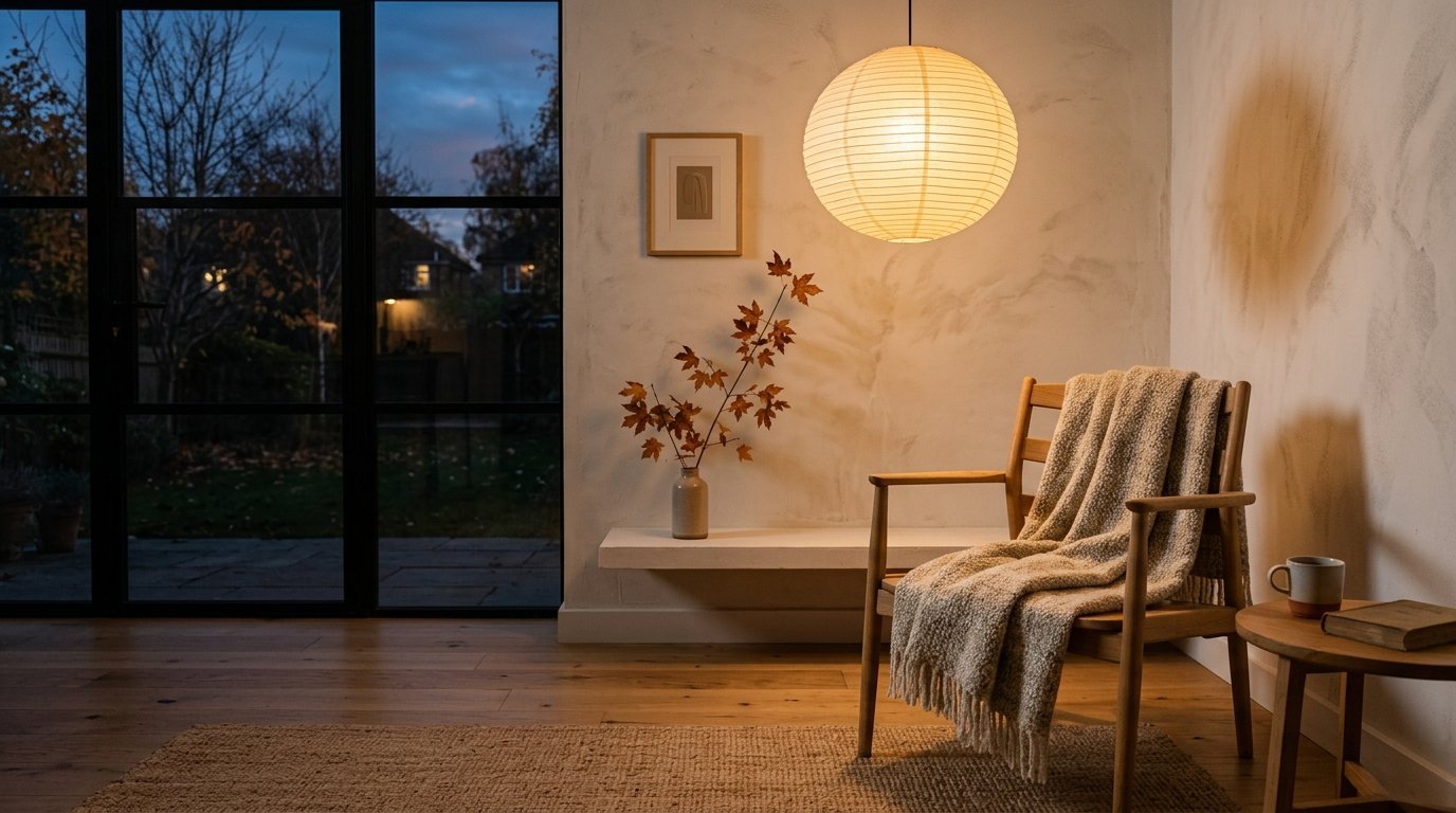 Wooden chair with textured throw blanket near a large window, paper pendant lamp, and autumnal branch in a vase.