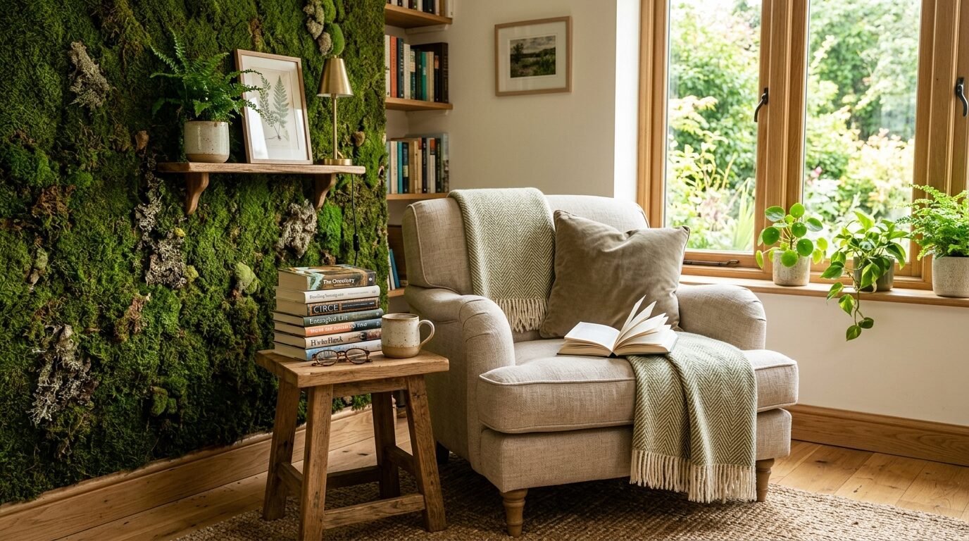 Armchair with a book and blanket in front of a textured green moss wall near a window.
