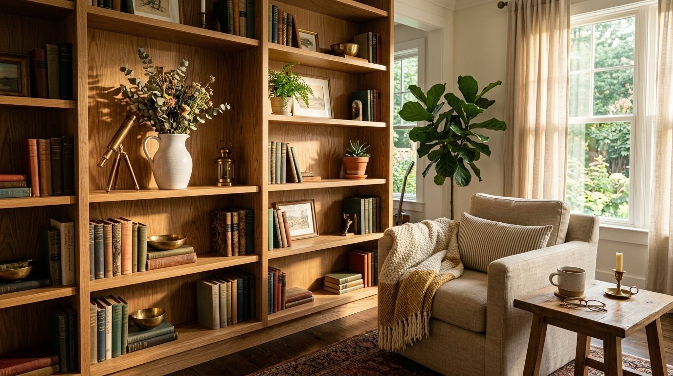 A comfortable reading chair sits beside a large oak bookshelf filled with books, plants, and decor near a sunny window.
