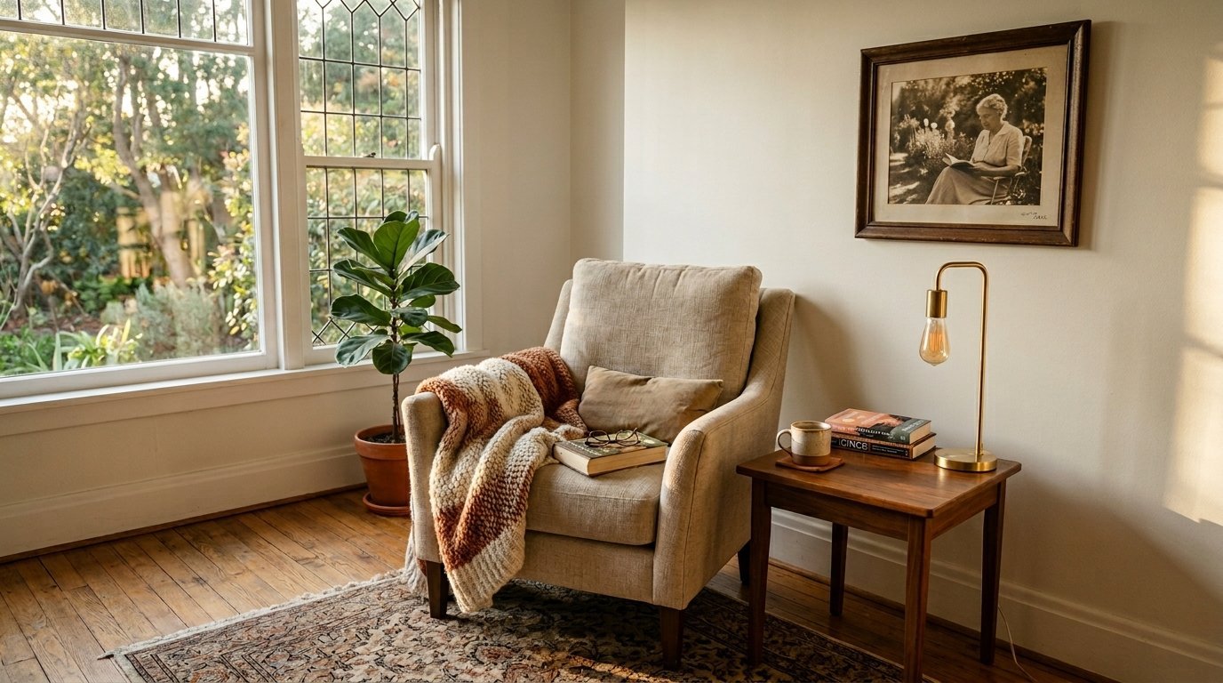 A beige armchair with a knit throw blanket next to a wooden side table and a window.