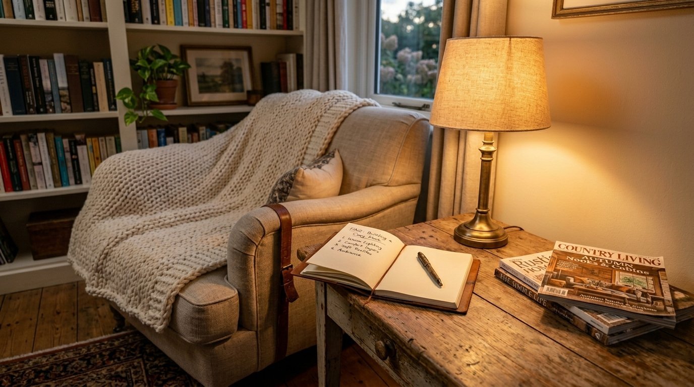 An armchair with a chunky knit blanket sits beside a wooden table featuring a lamp, open notebook, and magazines.