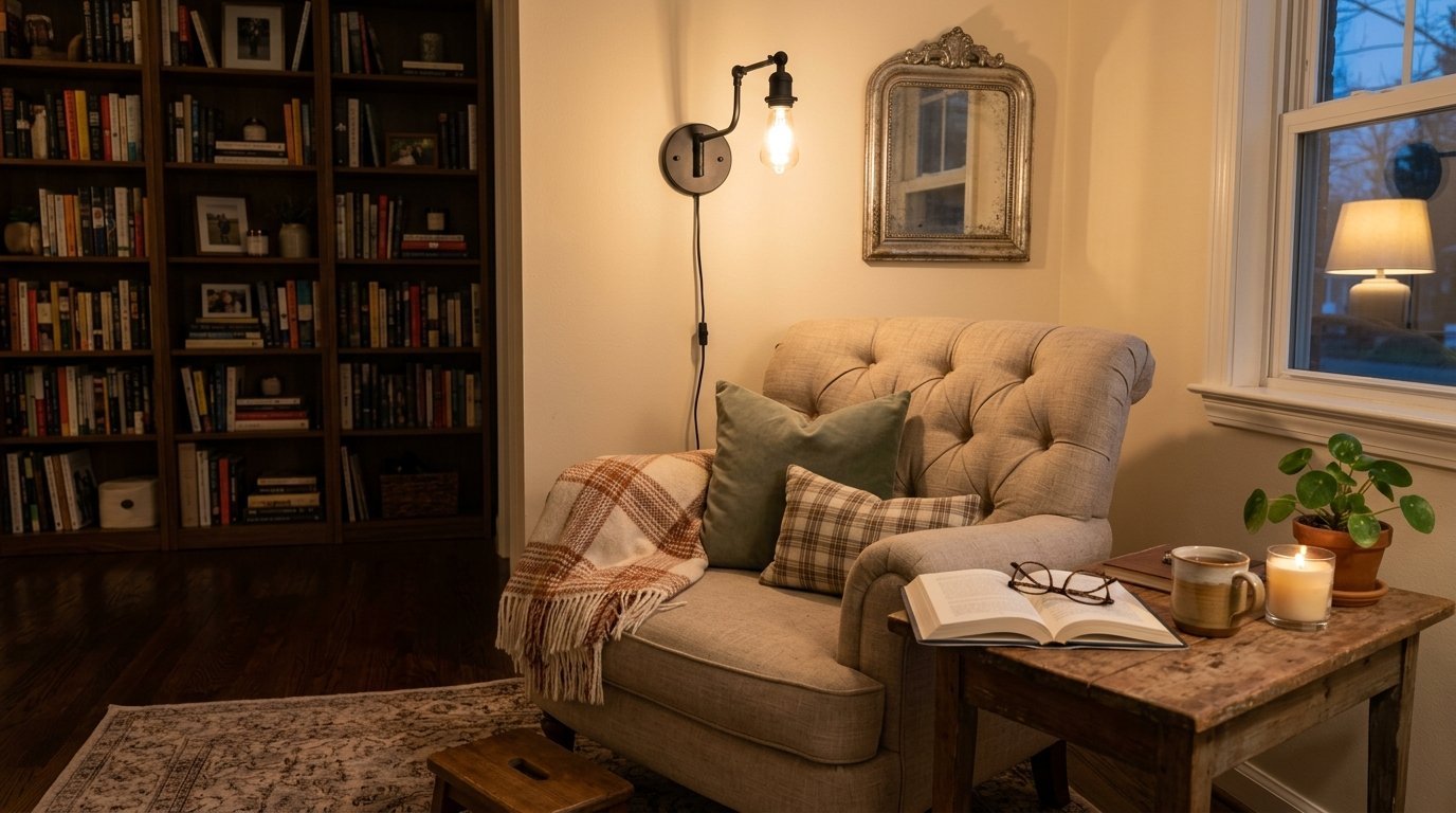 A beige tufted armchair with a plaid blanket and cushions sits next to a wooden side table with a book, tea, and candle.