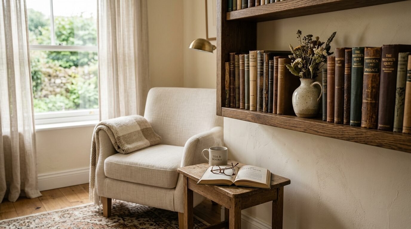 An open book and tea mug on a small stool next to a cream chair and rustic bookshelf in a sunlit room.