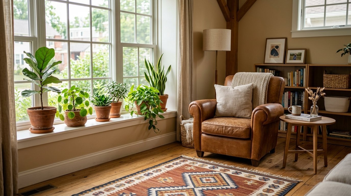 A tan leather armchair sits next to a window sill filled with various green potted plants in a cozy room.