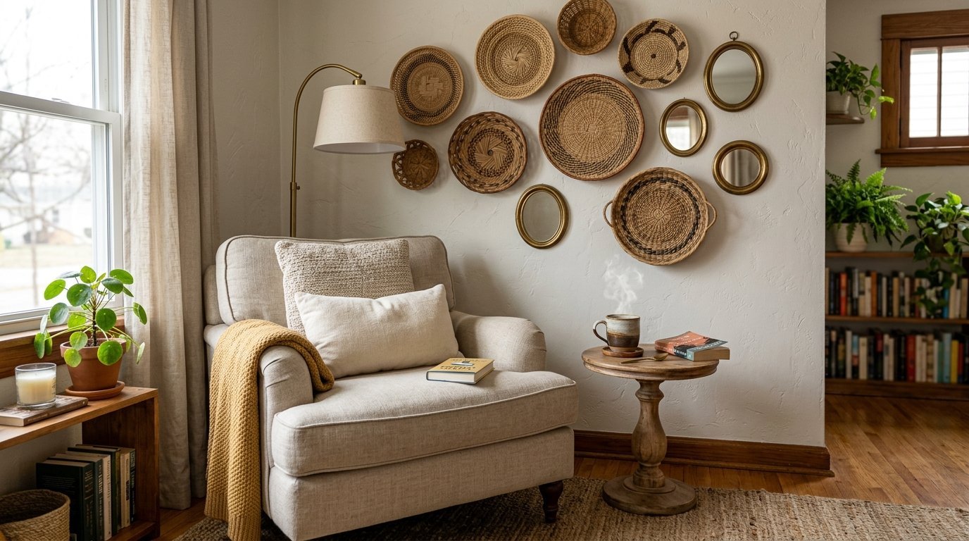 An armchair with a yellow throw blanket sits beneath a collection of round woven baskets and small gold mirrors.