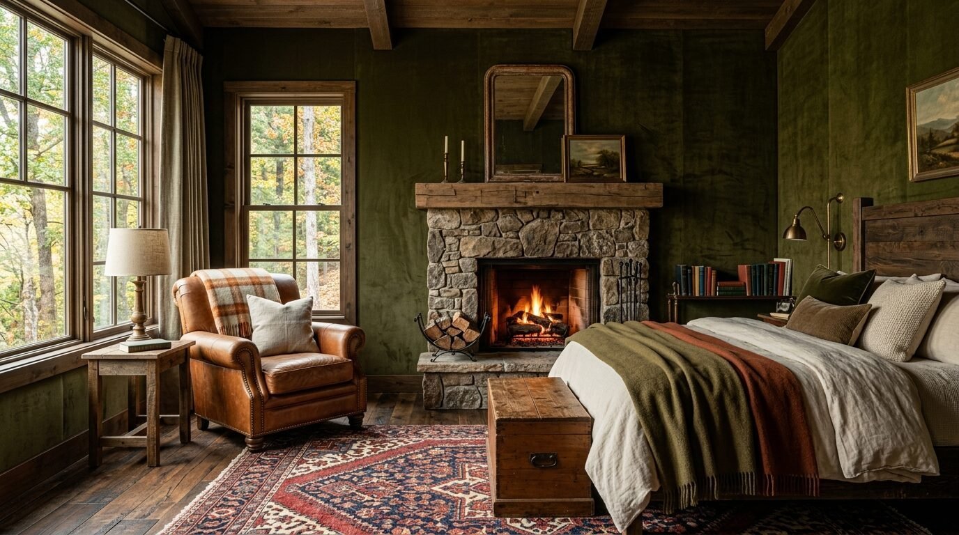 A rustic bedroom with olive green walls, stone hearth, leather armchair, and a bed with layered blankets.