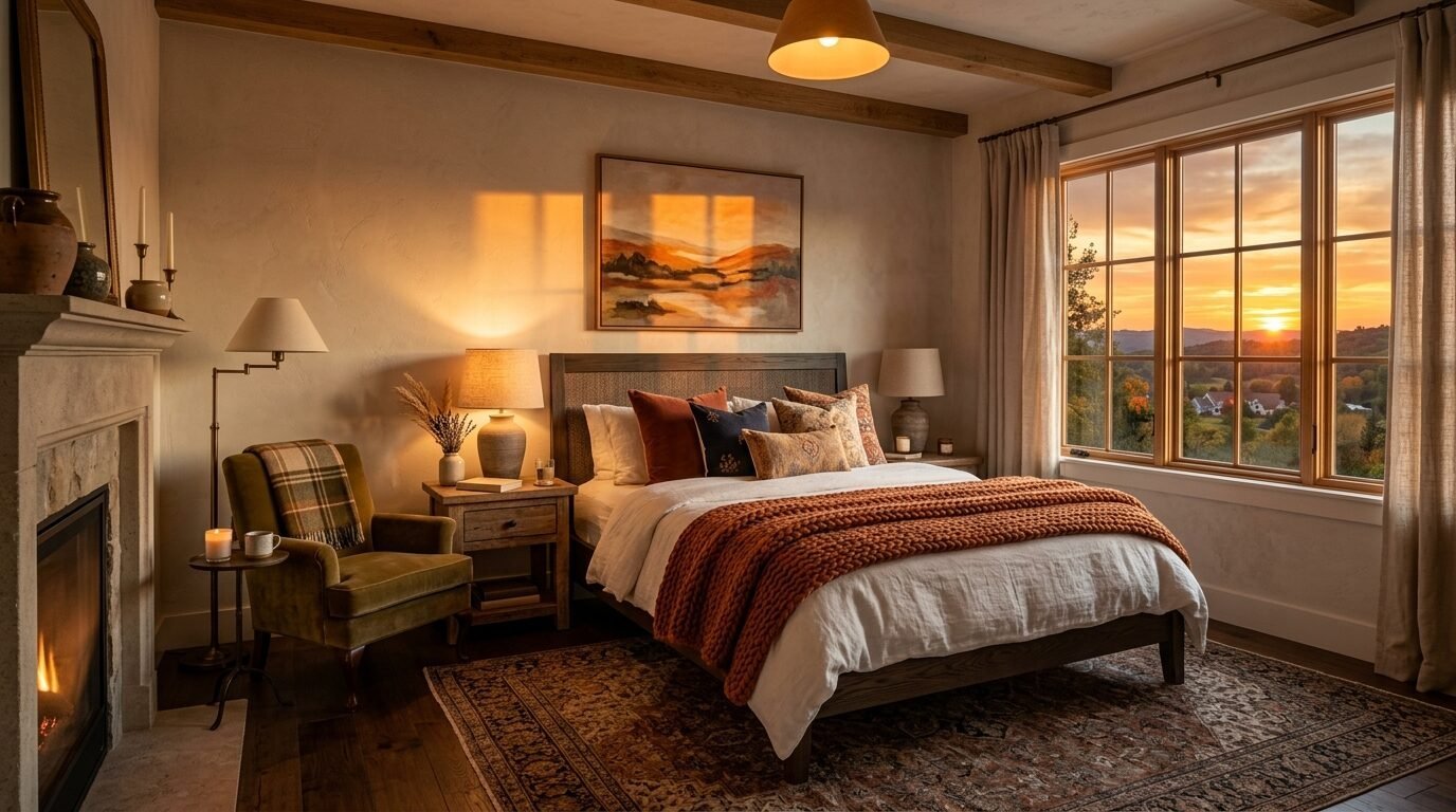 Rustic bedroom with a plush orange knit blanket, green armchair, and sunset light pouring through large windows.