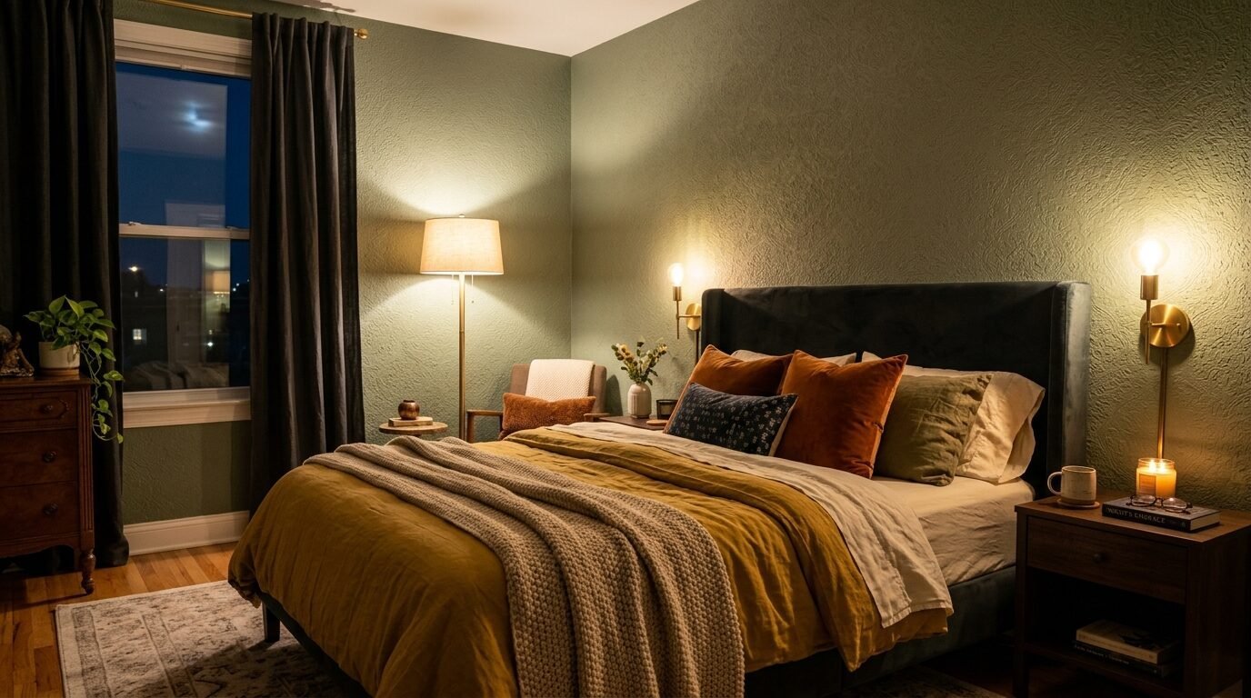 Bedroom with sage green walls, a velvet bed frame, mustard bedding, and two gold wall-mounted reading lights.