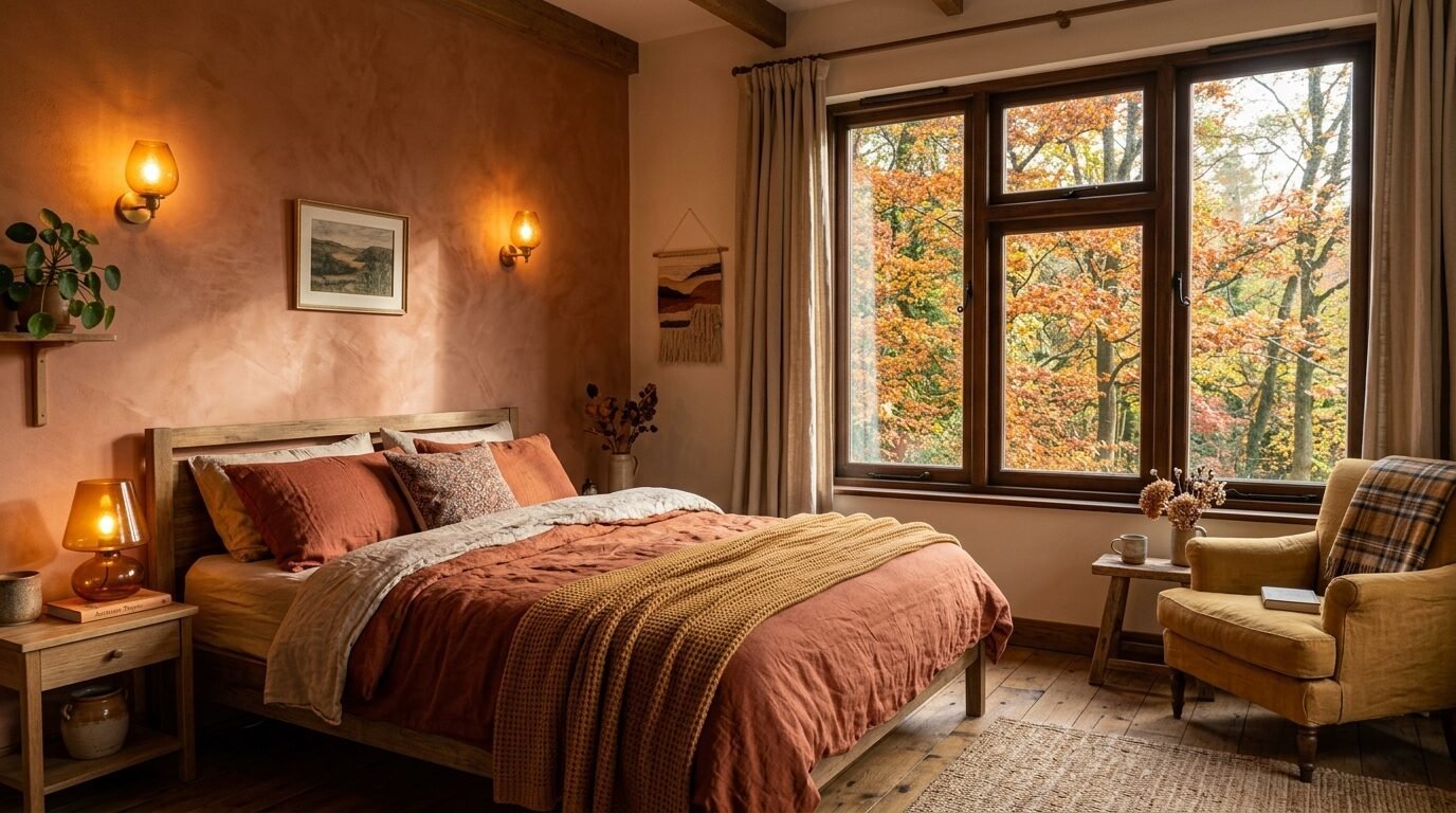 A rustic bedroom with terracotta walls, a wooden bed with orange bedding, and a large window overlooking autumn trees.