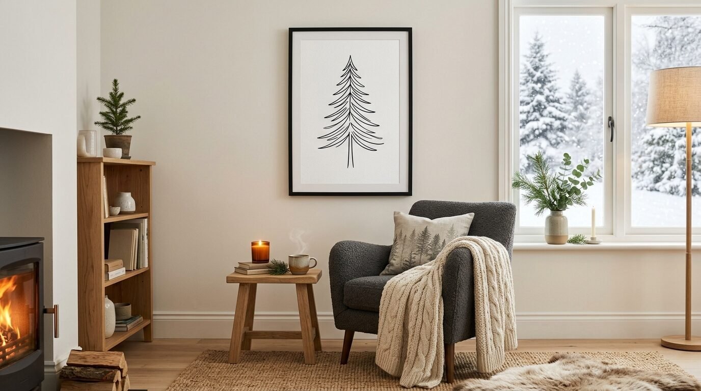 Dark grey armchair draped with a cream cable knit throw blanket near a window with a snowy landscape view.