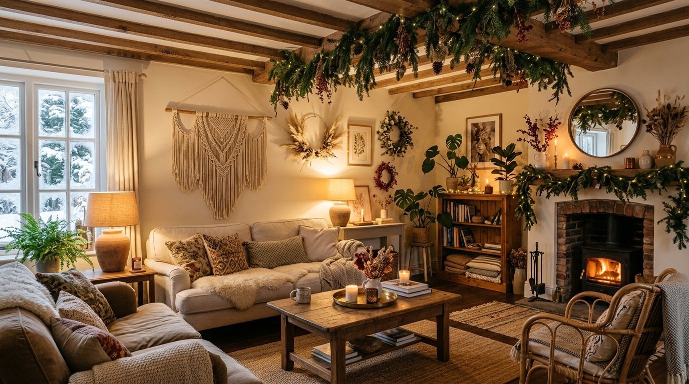 A festive living room featuring a fireplace with garland, a macrame wall hanging, and soft lighting on snowy day.