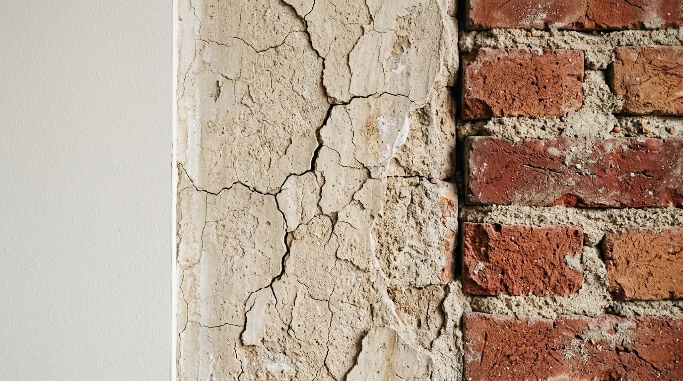 Close up of a wall transition from smooth paint to crumbling plaster and raw rustic bricks.