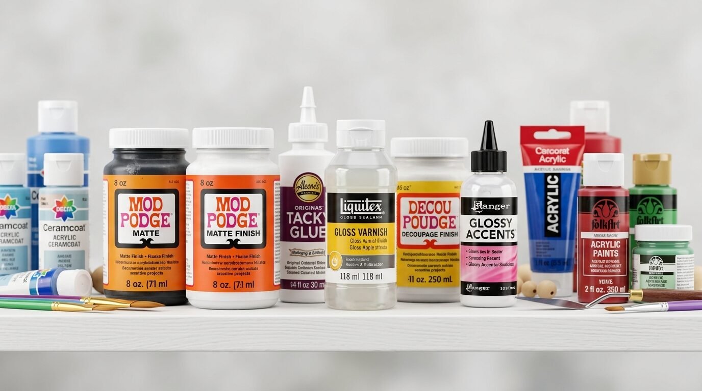 Collection of Mod Podge, Liquitex varnish, and acrylic paints on a white craft table shelf.