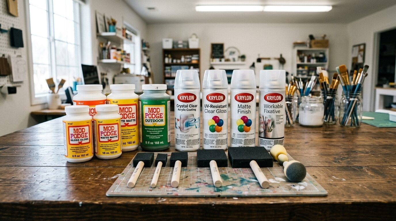 Collection of decoupage glue, clear acrylic spray finishes, and foam brushes on a wooden workshop table.