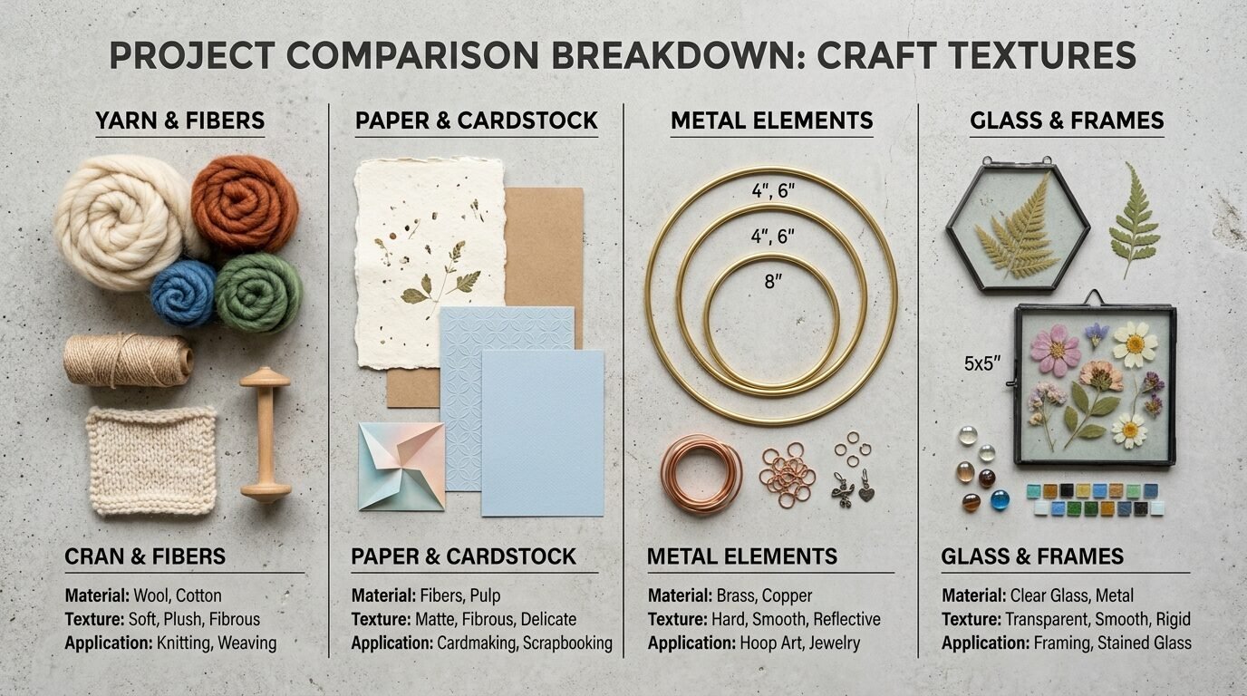 Top-down view of organized craft supplies including yarn, paper, metal rings, and glass frames on a grey background.