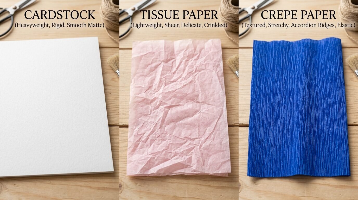 Top-down view of white cardstock, pink tissue paper, and blue crepe paper labeled on a rustic wooden table.