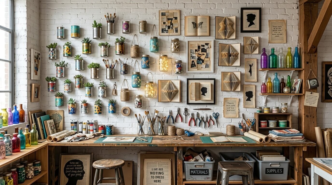 A creative workspace featuring a brick wall covered in hanging tin planters, fairy light jars, and framed paper art.
