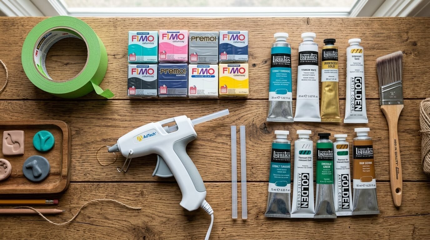 Flat lay of polymer clay, acrylic paint tubes, a hot glue gun, and masking tape on a wooden table.