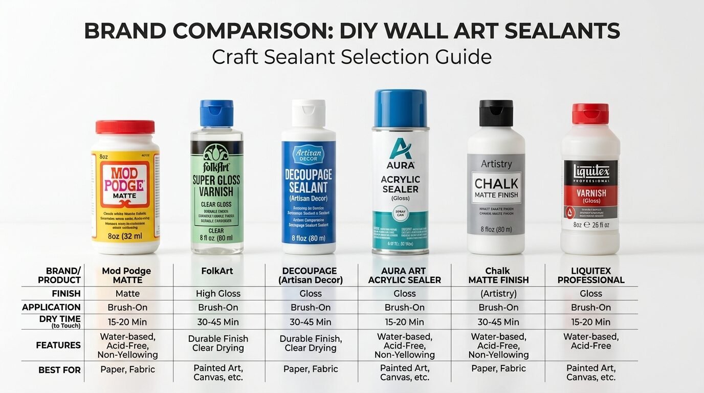 Six bottles and cans of craft sealants arranged on a white surface with a comparison chart below them.