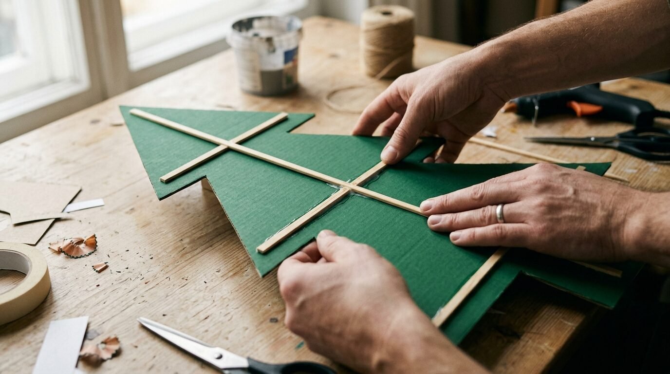 Close-up of hands attaching thin wood strips to a green paper Christmas tree shape on a wooden workspace.