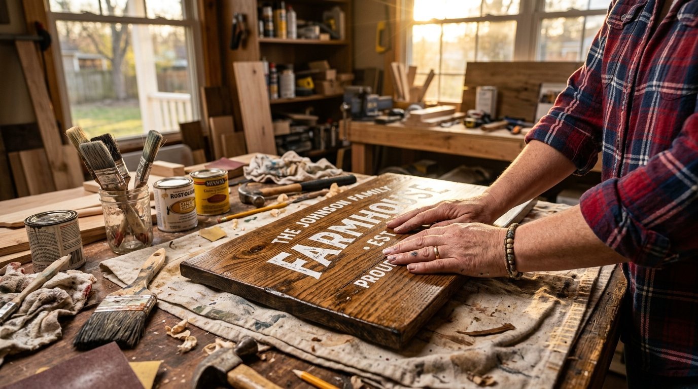 Close-up of hands pressing on a stained wooden board with farmhouse lettering in a cluttered carpentry workshop.