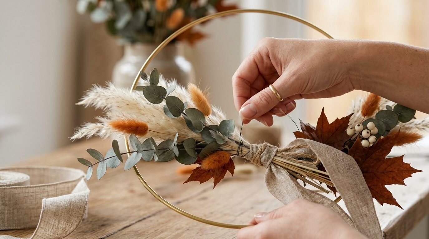 Close up of hands wiring dried eucalyptus and fall leaves onto a gold metal ring